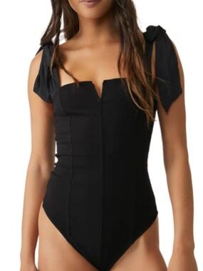 FREE PEOPLE Intimately Lola Shoulder Tie Corset Knit Stretch Bodysuit Black M
